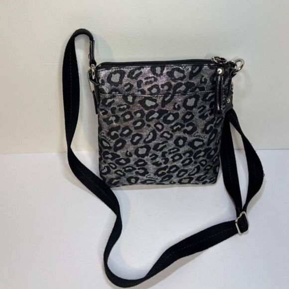 COACH Leopard Ocelot Black Silver Metallic Crossbody Handbag Purse Shoulder Bag - Picture 3 of 8